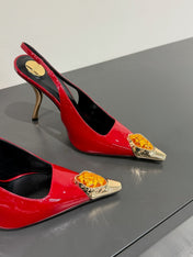 ORANGE GEM-STUDDED SLINGBACK PUMPS IN RED PATENT CALFSKIN