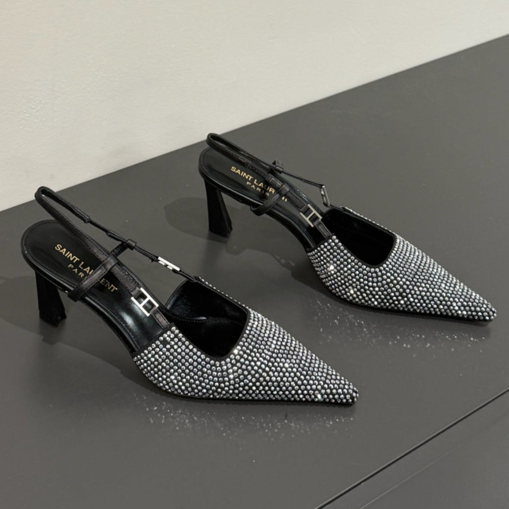 HIGH SLINGBACKS POINTED-TOE IN BLACK LAMBSKIN WITH SILVER CRYSTALS