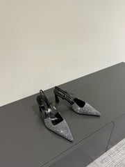 HIGH SLINGBACKS POINTED-TOE IN BLACK LAMBSKIN WITH SILVER CRYSTALS