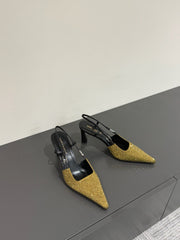 HIGH SLINGBACKS POINTED-TOE IN METALLIC GOLD LAMBSKIN WITH CRYSTALS