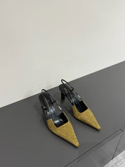 HIGH SLINGBACKS POINTED-TOE IN METALLIC GOLD LAMBSKIN WITH CRYSTALS