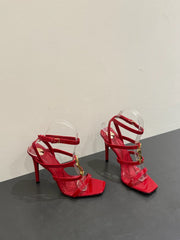 YSL SINGLE-STRAP HEELED SANDALS 25S IN RED LAMBSKIN