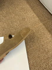 CHANEL 26S MARY JANE FLATS IN CARAMEL BROWN SUEDE SHEARLING LINING CC LOGO