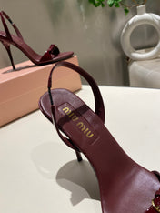TWO STRAP HIGH HEELED SANDALS IN WINE RED GLOSSY SHEEPSKIN
