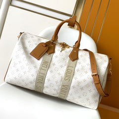 LV 25S KEEPALL BANDOULIÈRE BAG 45 IN WHITE MONOGRAM HERITAGE CALFSKIN