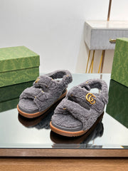 DAD SANDALS IN DARK GRAY FLEECE WITH GOLD HARDWARE