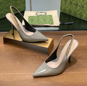 GG HIGH SLINGBACK 10.5 CM IN DOVE GREY GLOSSY CALFSKIN WITH GOLD HARDWARE