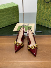 GG HIGH SLINGBACK 10.5 CM IN WINE RED GLOSSY CALFSKIN WITH GOLD HARDWARE