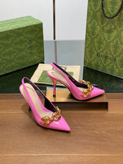 GG HIGH SLINGBACK 10.5 CM IN FUSICA PINK GLOSSY CALFSKIN WITH GOLD HARDWARE