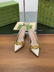 GG HIGH SLINGBACK 10.5 CM IN WHITE GLOSSY CALFSKIN WITH GOLD HARDWARE