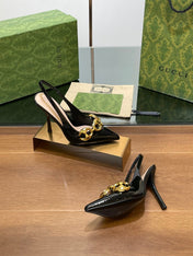 GG HIGH SLINGBACK 10.5 CM IN BLACK GLOSSY CALFSKIN WITH GOLD HARDWARE