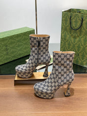 GG SHORT BOOTS 11.5 CM IN BLACK MIX BEIGE MONOGRAM JACQUARD FABRIC