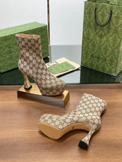 GG HIGH SANDAL 11.5 CM IN CAMEL BROWN MONOGRAM JACQUARD FABRIC