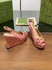 GG WEDGE PLATFORM IN LIGHT PINK MONOGRAM JACQUARD FABRIC