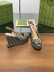 GG WEDGE PLATFORM IN STEEL GREY MONOGRAM JACQUARD FABRIC