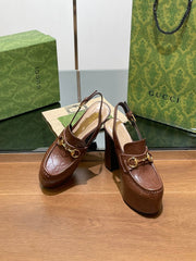 GG WOMEN'S HORSEBIT PLATFORM LOAFER SLINGBACK IN DARK BROWN EMBOSSED CALFSKIN