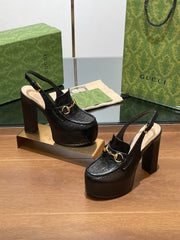 GG WOMEN'S HORSEBIT PLATFORM LOAFER SLINGBACK IN BLACK EMBOSSED CALFSKIN