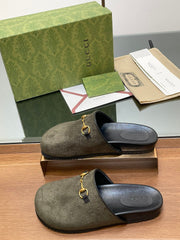 GG HORSEBIT MULE IN KHAKI GREEN EMBOSSED SUEDE AND SHEEPSKIN LINING