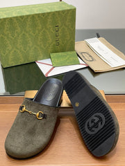 GG HORSEBIT MULE IN KHAKI GREEN EMBOSSED SUEDE AND SHEEPSKIN LINING
