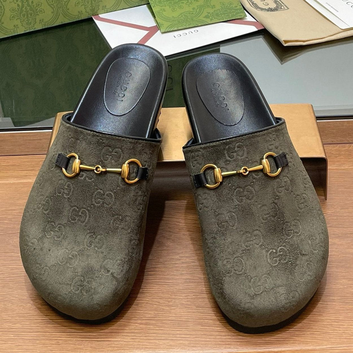 GG HORSEBIT MULE IN KHAKI GREEN EMBOSSED SUEDE AND SHEEPSKIN LINING