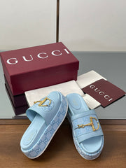 HIGH 5.5 CM WEDGE SANDALS IN BLUE CALFSKIN AND FABRIC