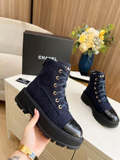 SHORT BOOTS IN DENIM BLUE TWEED AND BLACK CALFSKIN