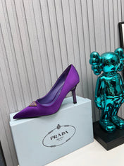 PRADA 26S POINTED TOE PUMPS STILETTO HEEL 80MM IN DEEP PURPLE SATIN