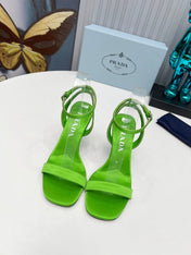 PRADA 26S ANKLE STRAP SANDALS STILETTO HEEL 80MM IN LIME GREEN SATIN