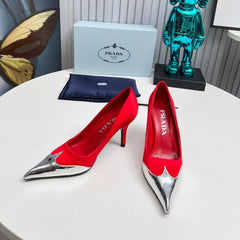 HIGH POINTED-TOE PUMPS IN RED MIX SILVER SATIN