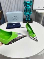 HIGH POINTED-TOE PUMPS IN LIME GREEN MIX SILVER SATIN