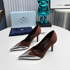 HIGH POINTED-TOE PUMPS IN CHOCOLATE MIX SILVER SATIN