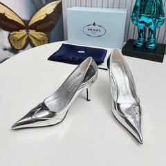 HIGH POINTED-TOE PUMPS IN SILVER GLOSSY CALFSKIN