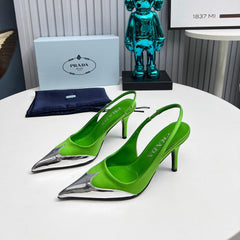 HIGH SLING BACK PUMPS IN SILVER MIX LIME GREEN SATIN