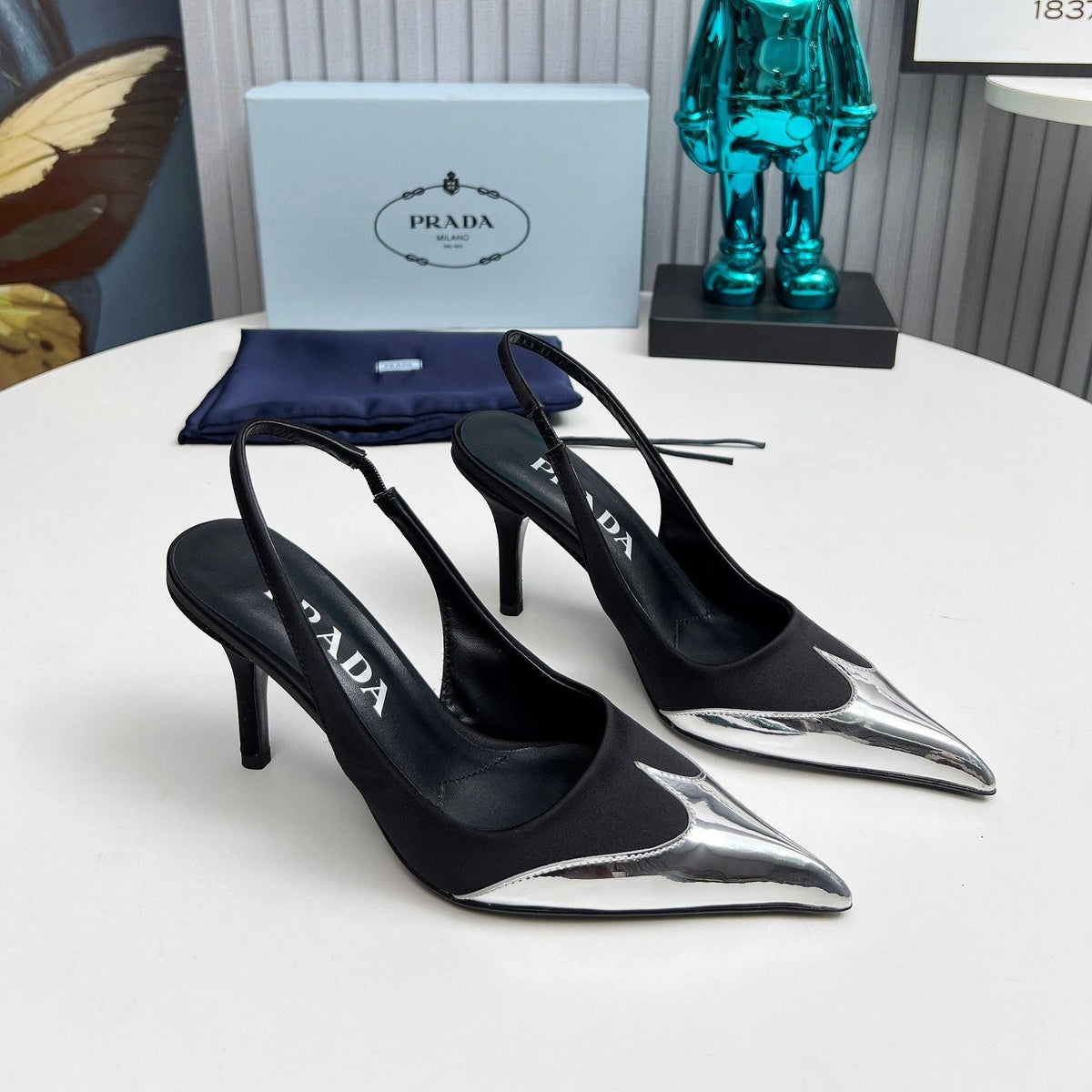 HIGH SLING BACK PUMPS IN SILVER MIX BLACK SATIN