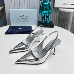HIGH SLING BACK PUMPS IN SILVER GLOSSY CALFSKIN
