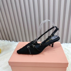 CROSS STRAP HIGH HEELED SLINGBACK IN BLACK TWEED