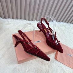 CROSS STRAP HIGH HEELED SLINGBACK IN CURRANT RED TWEED