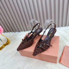 CROSS STRAP HIGH HEELED SLINGBACK IN CHOCOLATE TWEED