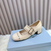 PRADA 26S ROUND TOE MARY JANE 40MM IN BEIGE PATENT CALFSKIN WITH STUD DETAIL