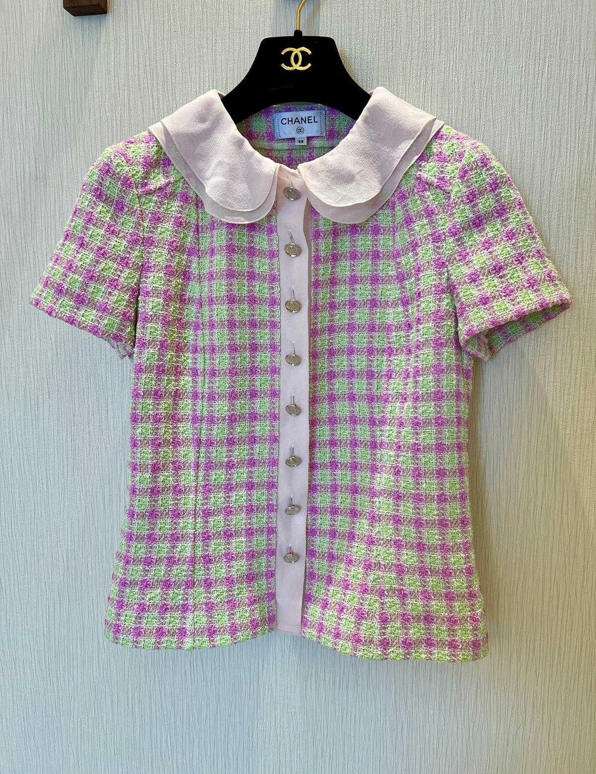 CC 25 Doll Collar Top Pink Green Tweed Fabric