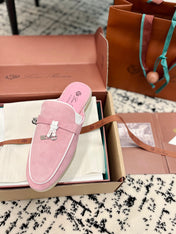 Loro Piana Pink Suede Charms Walk Flat Mules
