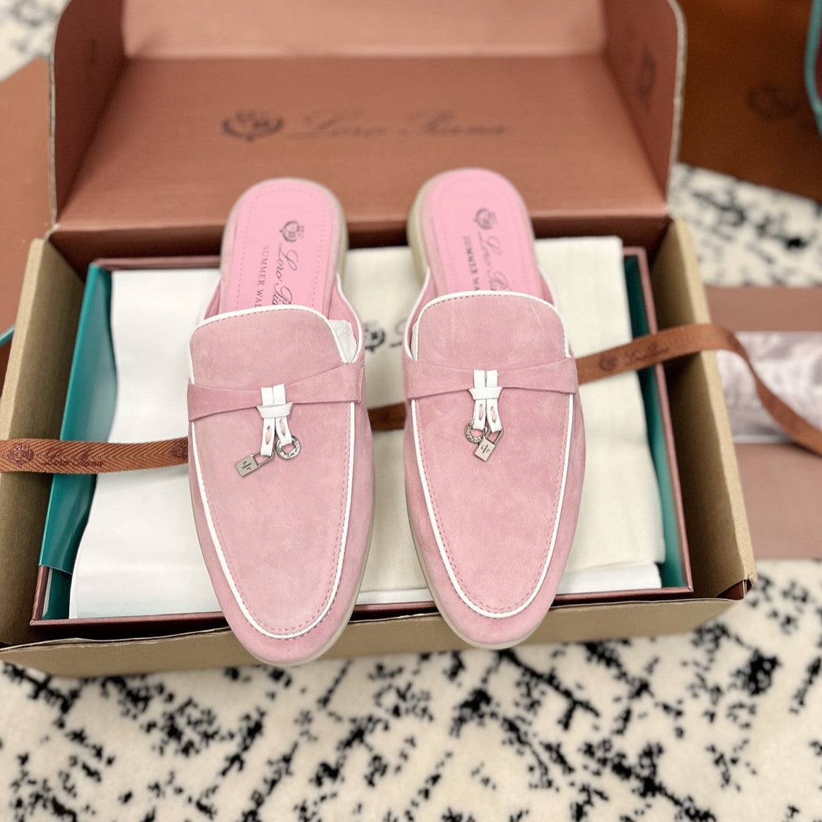 Loro Piana Pink Suede Charms Walk Flat Mules