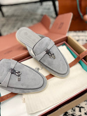 Loro Piana Grey Black Suede Charms Walk Flat Mules