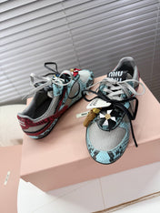MIUMIU 26S GYMNASIUM SNEAKER IN SILVER FABRIC AND TURQUOISE BLUE SNAKE EFFECT CALFSKIN