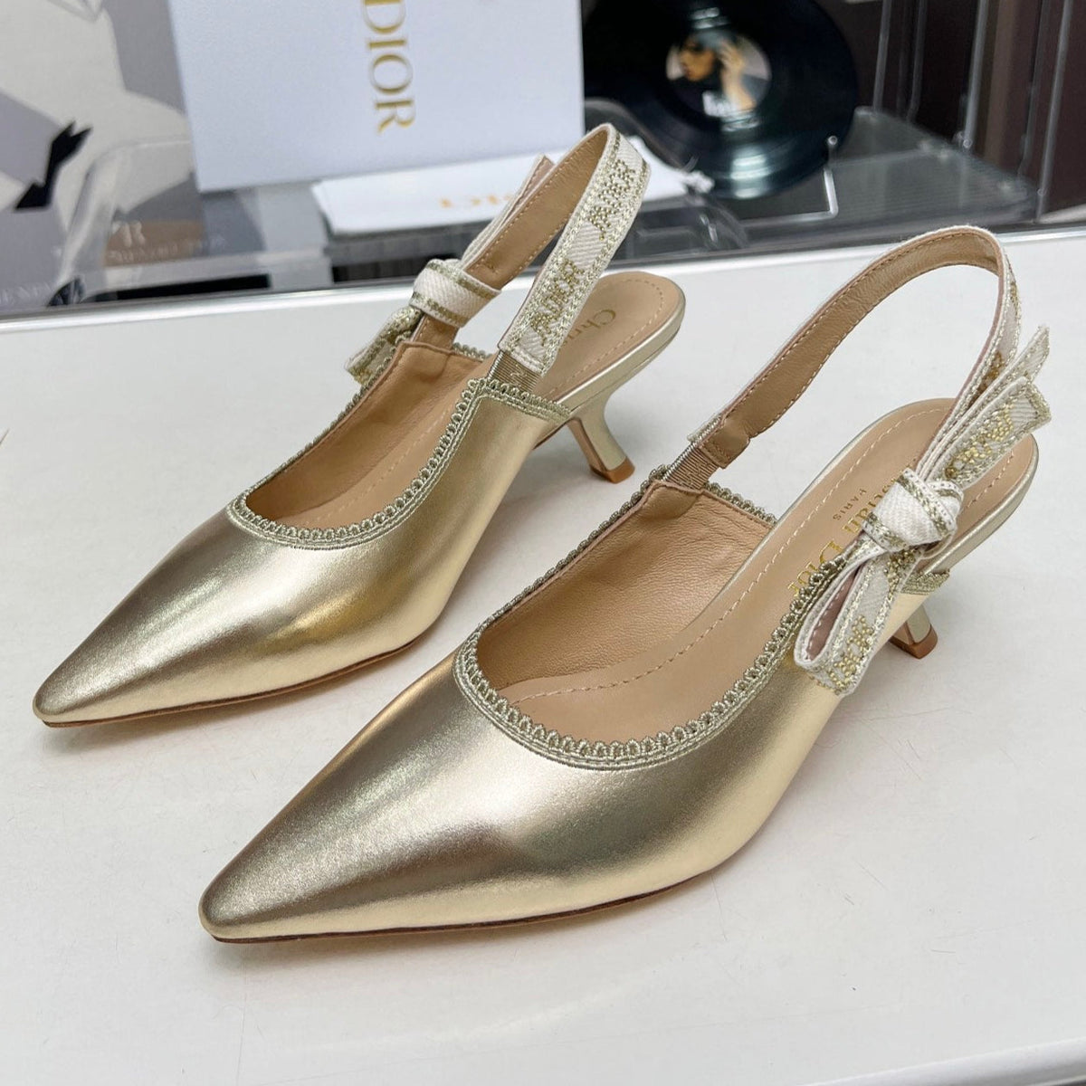 J'ADIOR SLINGBACK PUMP LIGHT GOLD CALFSKIN AND EMBROIDERED FABRIC 65 MM