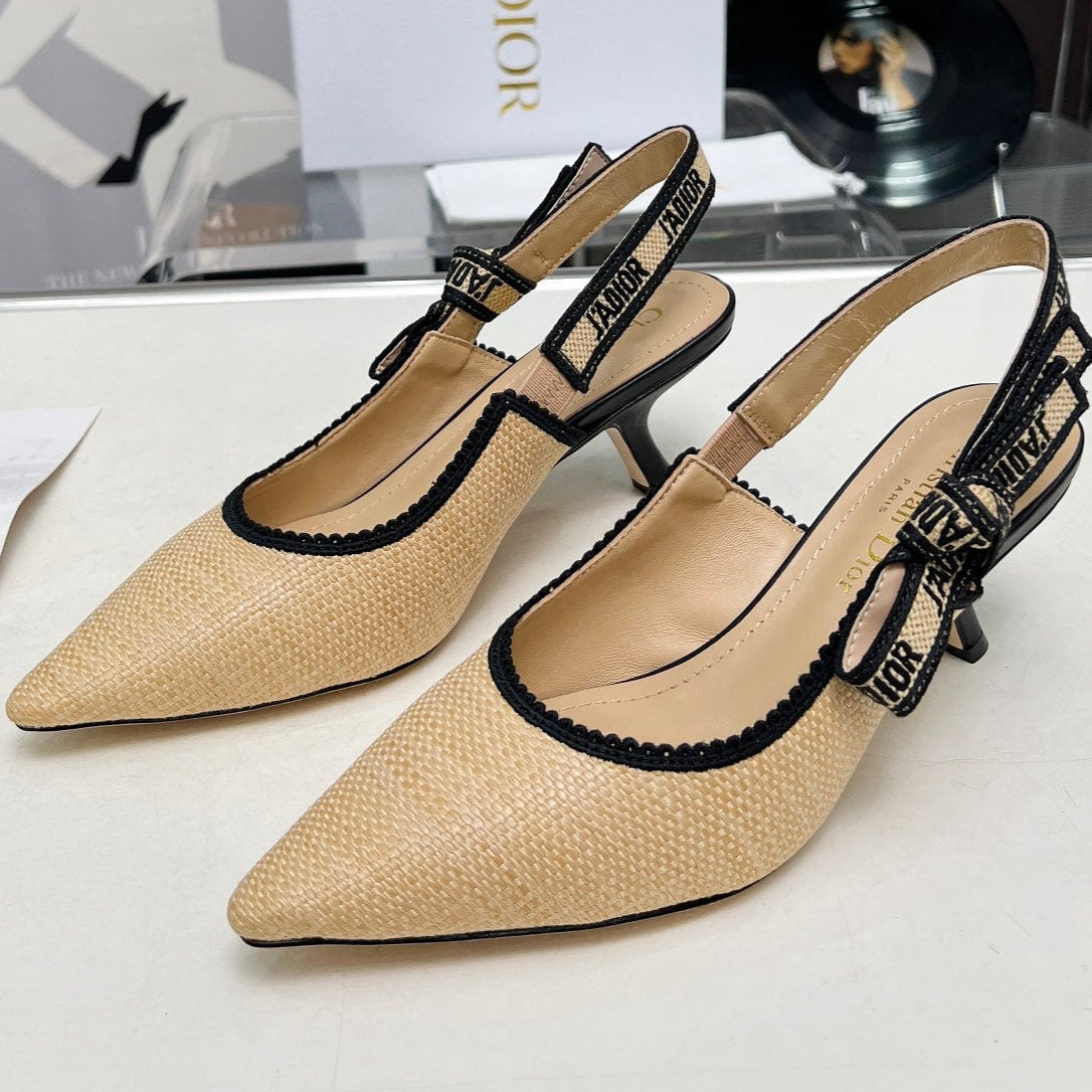 J'ADIOR SLINGBACK PUMP NATURAL RAFFIA AND BLACK EMBROIDERED COTTON 65 MM
