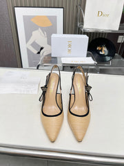 J'ADIOR SLINGBACK PUMP NATURAL RAFFIA AND BLACK EMBROIDERED COTTON 10 CM