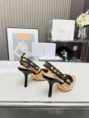 J'ADIOR SLINGBACK PUMP NATURAL RAFFIA AND BLACK EMBROIDERED COTTON 10 CM