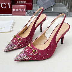 HORSEBIT SLINGBACKS IN CHERRY RED MONOGRAM FABRIC WITH CRYSTALS