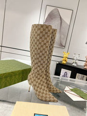 GG KNEE BOOTS IN BEIGE MONOGRAM JACQUARD FABRIC AND CALFSKIN LINING